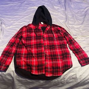 Red and black flannel with hood